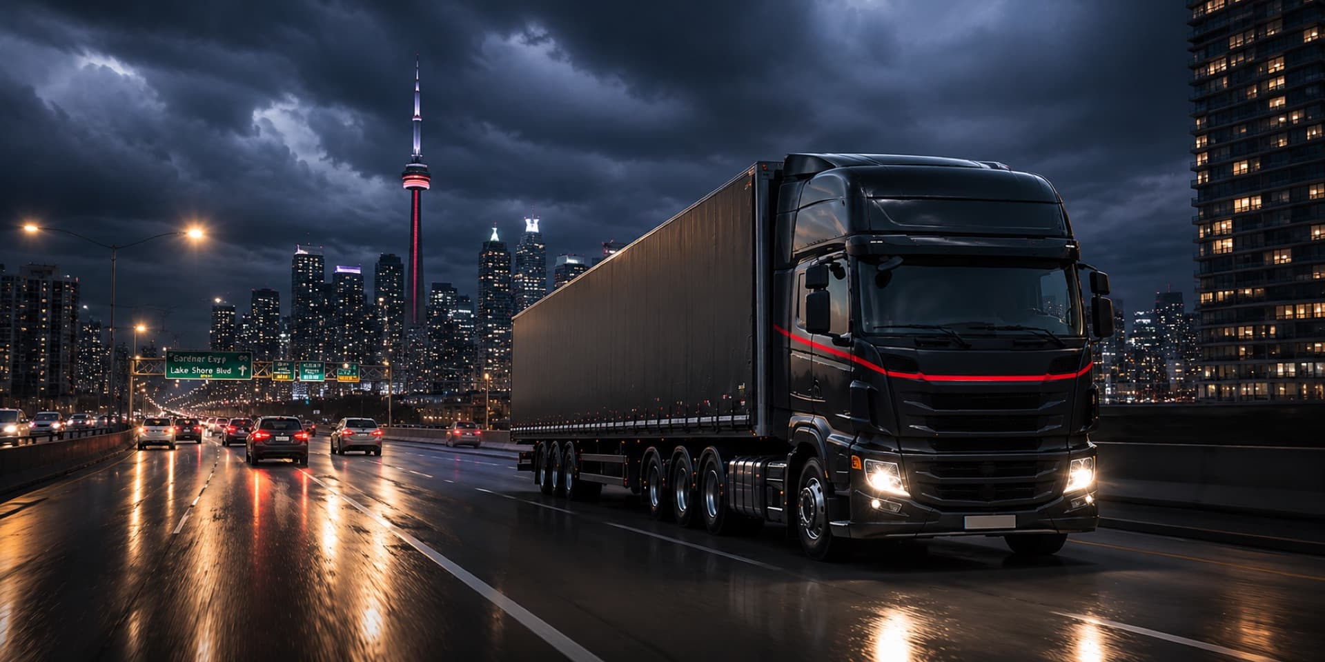 Truck on a Toronto highway at night